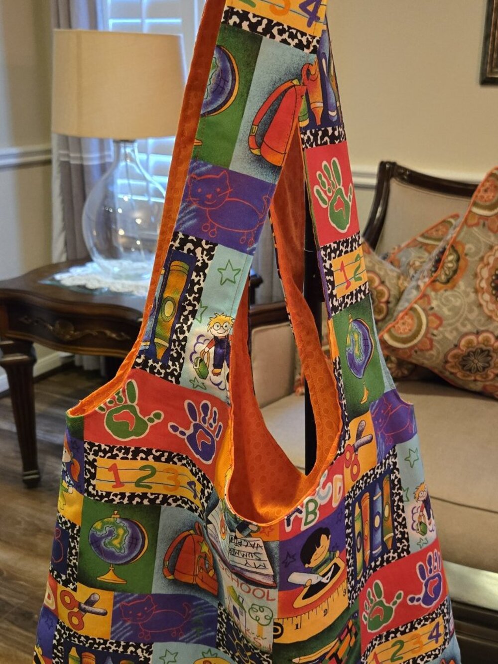 Handmade Reversible School Design Fabric and Orange on the Reverse
